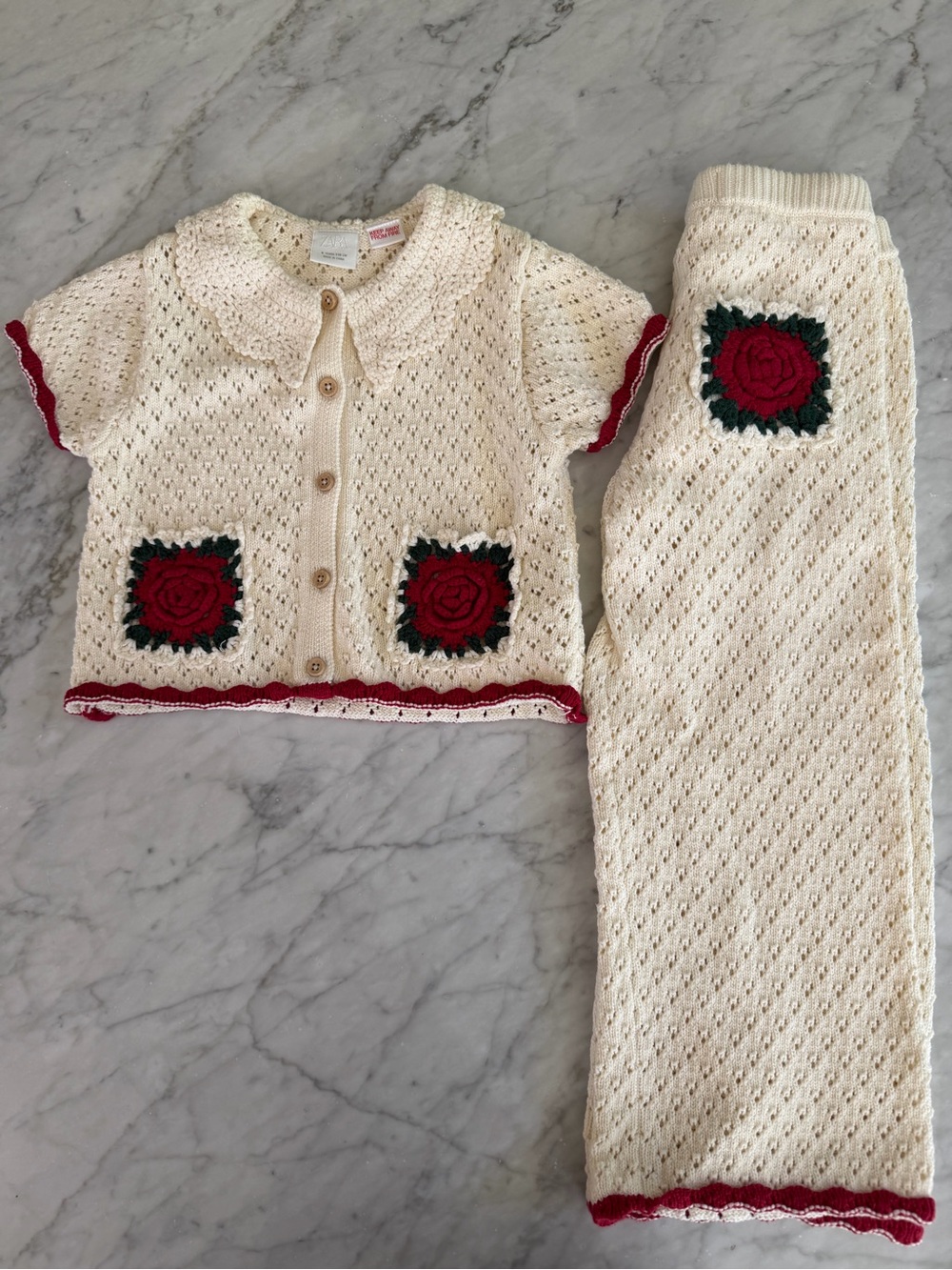 Zara Knit Two-Piece Set with Red Rose Appliqués